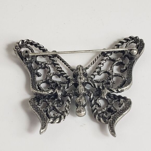 PEWTER FILIGREE Butterfly Brooch Pin Aqua Aurora Borealis Crystals - Picture 6 of 6